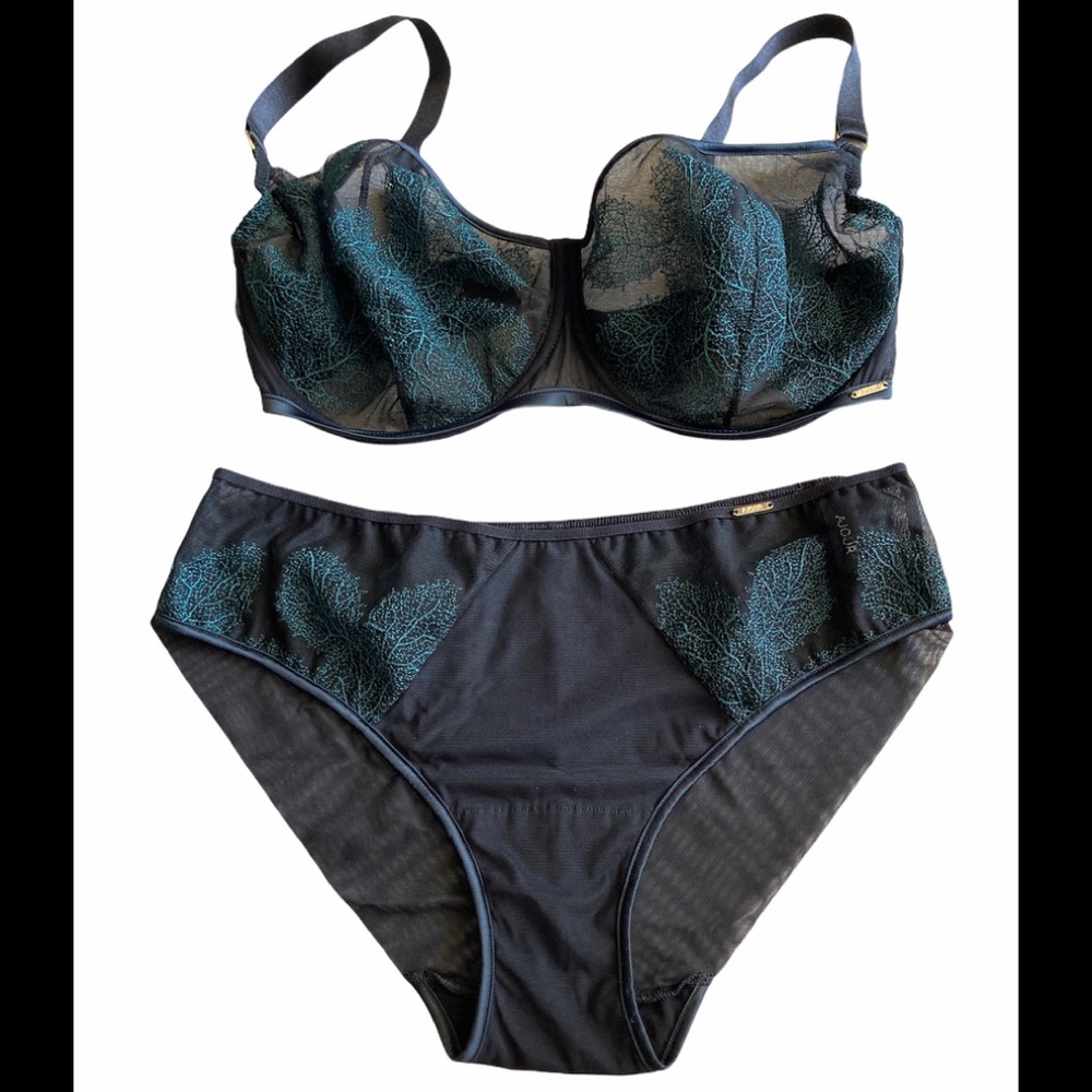Ajour Luxury Lingerie Bra And Panty Set Sexy Black Green Embroidery Romantic Fun - Picture 2 of 14
